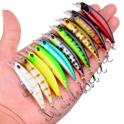 Colorful fishing lures with treble hooks.