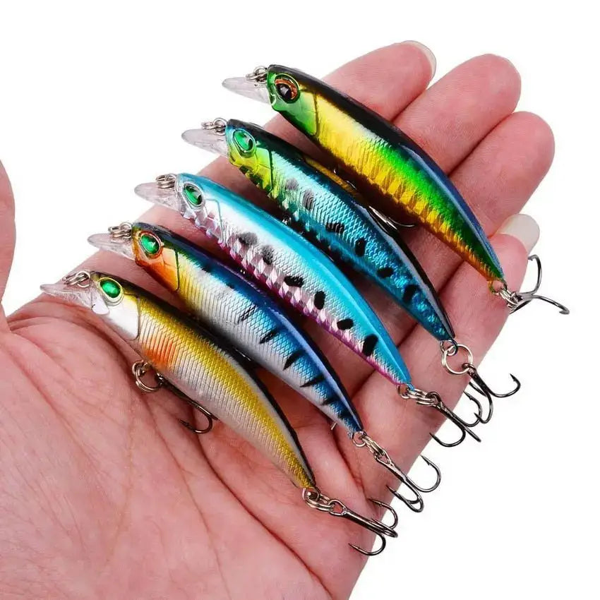 Colorful fishing lures with treble hooks.