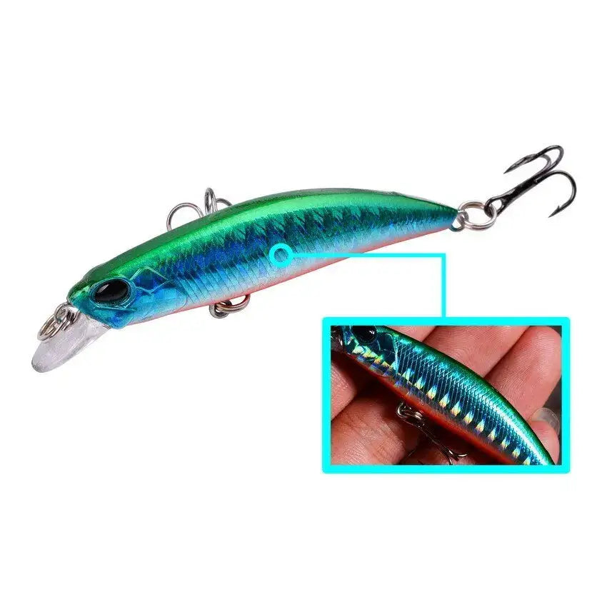 Green and blue fishing lure with treble hook.