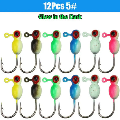 Glow-in-the-dark fishing jig hooks.