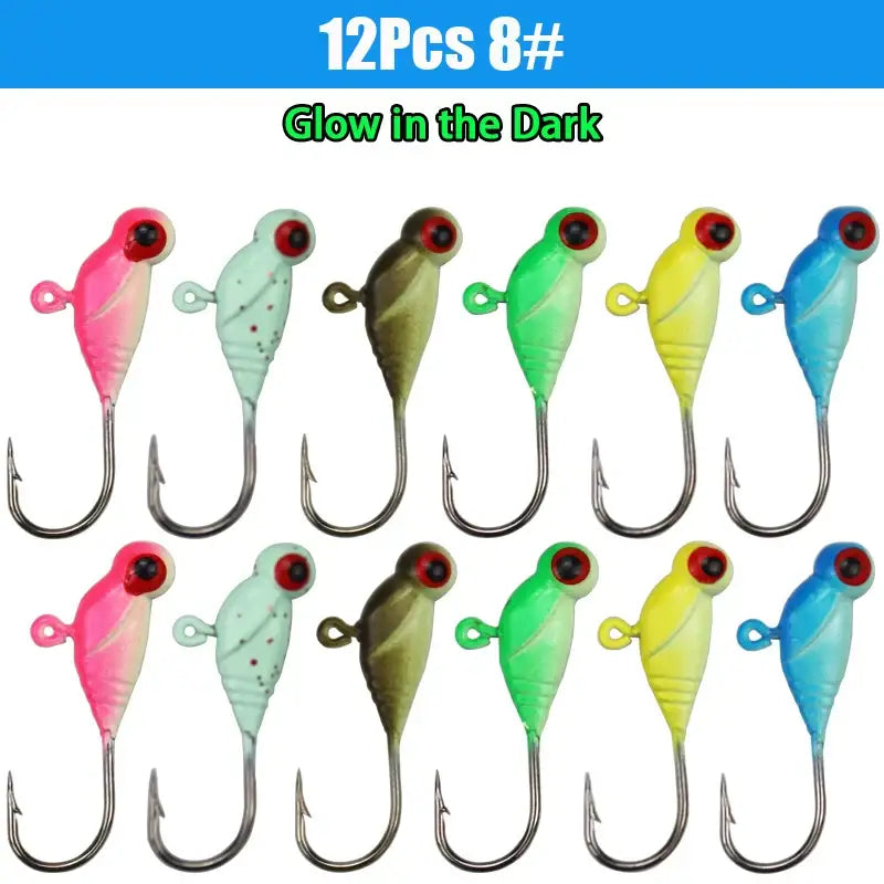 Twelve colorful fishing jigs.