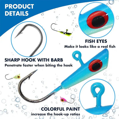 Blue fishing lure with a sharp hook and barb.