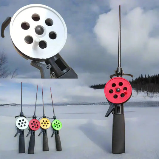 Ice fishing rods with colorful reels.