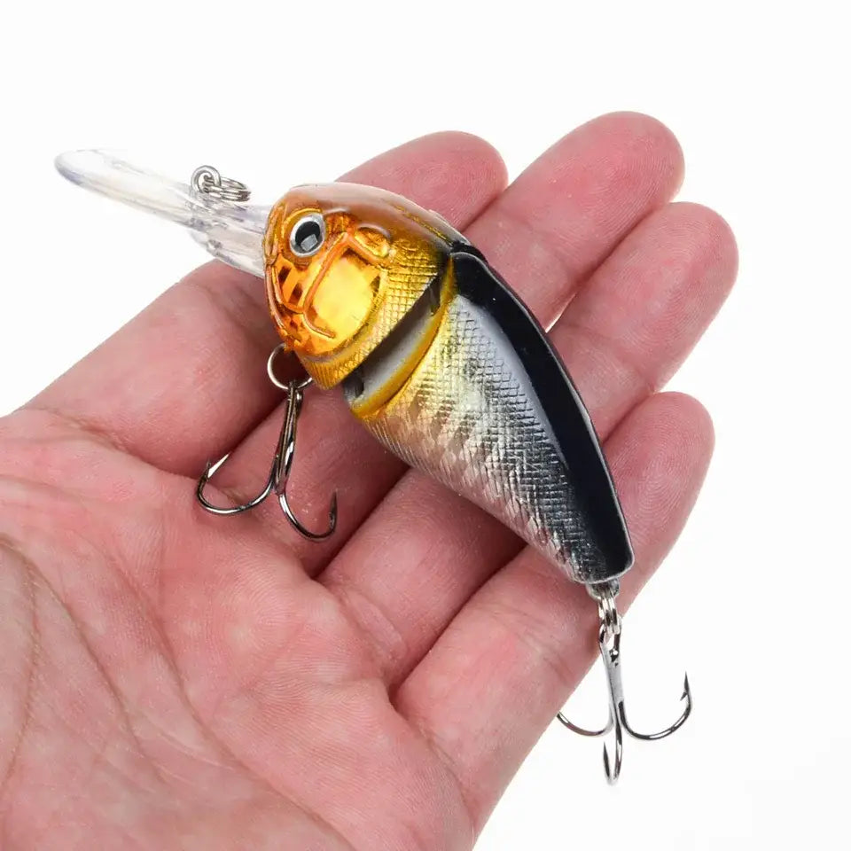 Fishing lure with treble hooks.