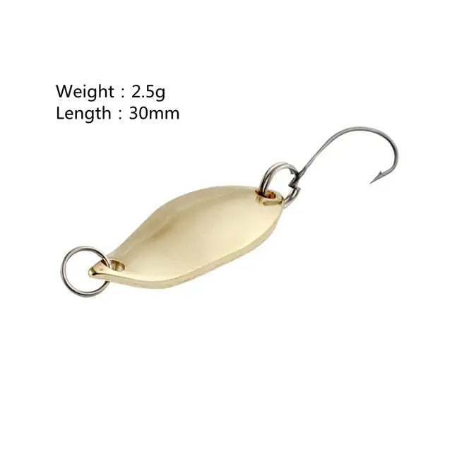 Gold-colored fishing lure with hook.