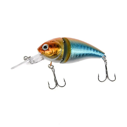 Colorful fishing lure with treble hooks.