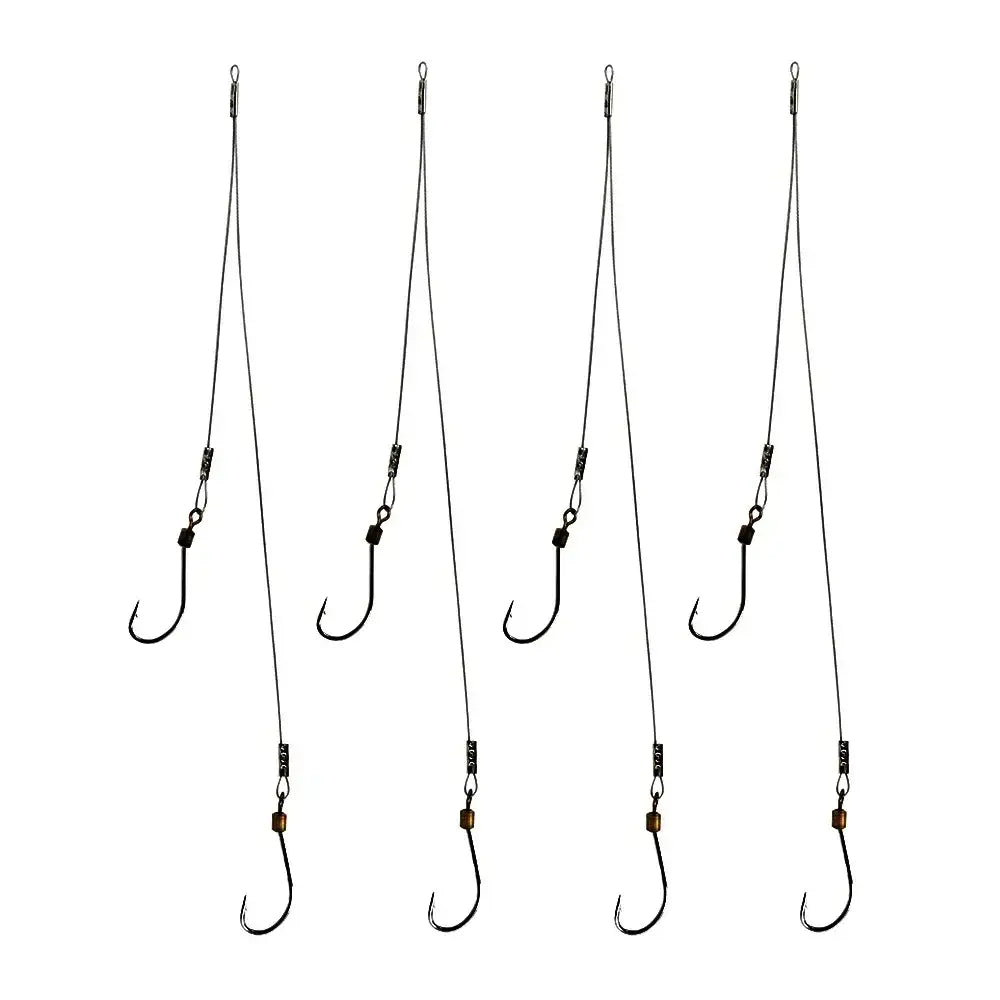 Four fishing rigs with two hooks each.