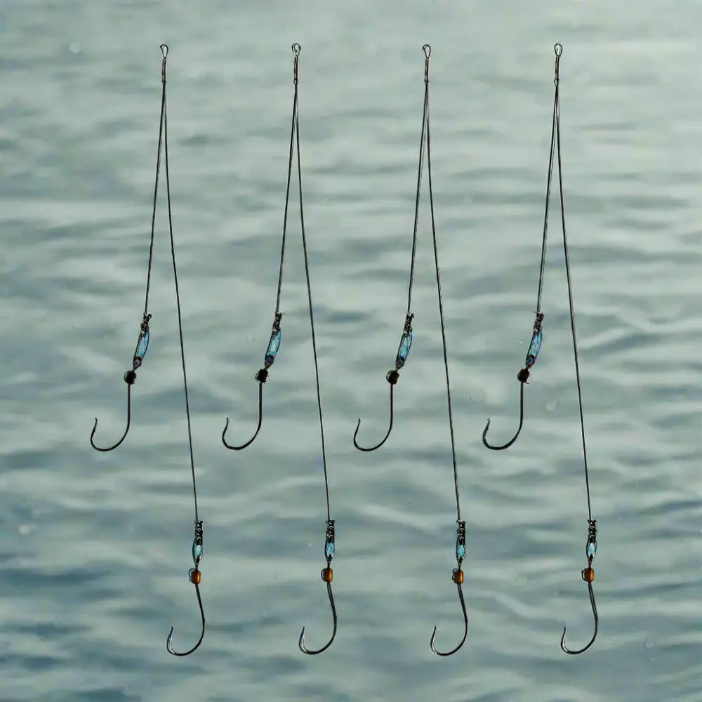 Multiple fishing hooks with lines.