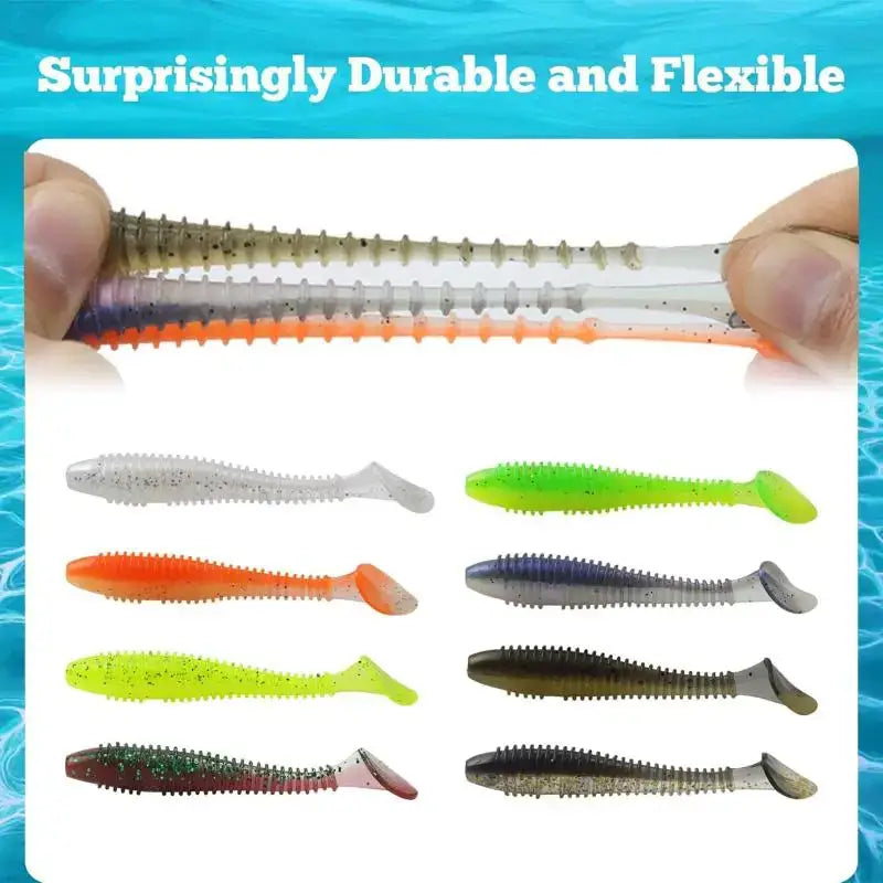 Colorful soft plastic fishing lures.