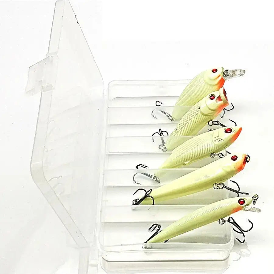 Fishing lures in a clear plastic box.