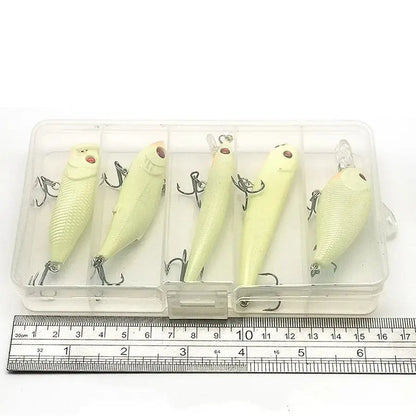 Fishing lures in a plastic case with a ruler.