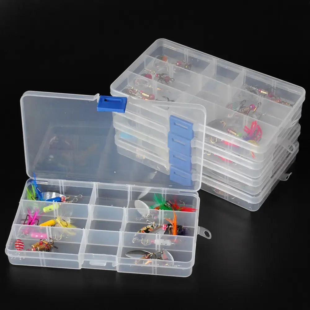 Compartmentalized fishing tackle boxes.