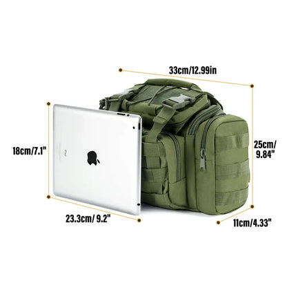 Green tactical bag with dimensions.