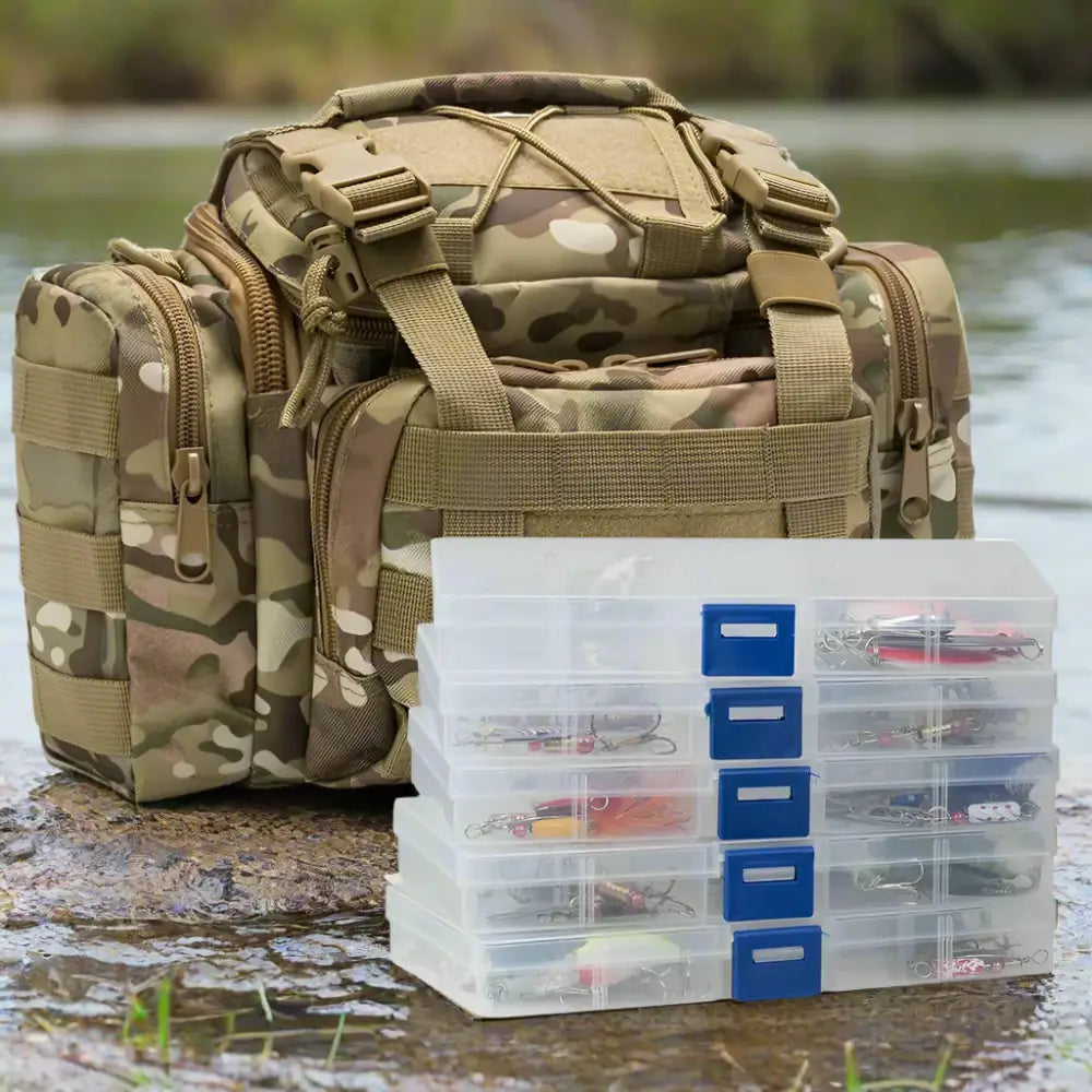 Camouflage fishing bag with tackle box.