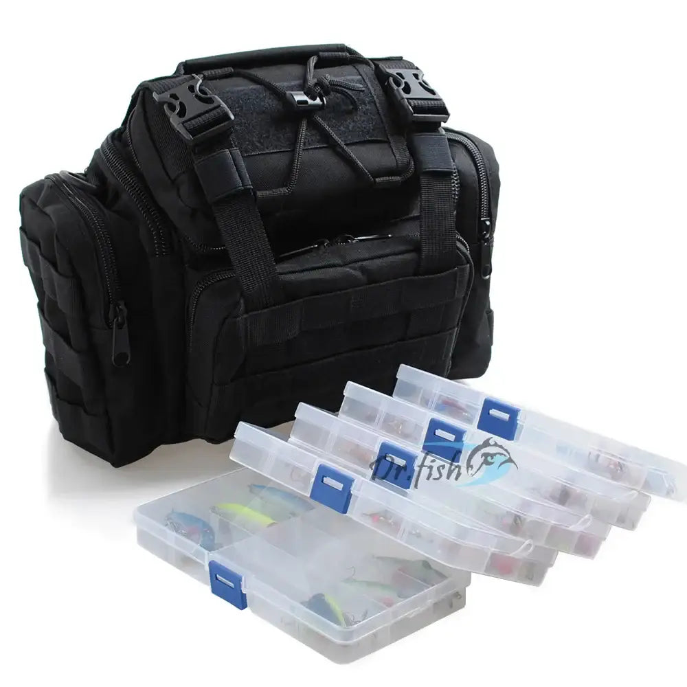 Black tactical fishing bag with tackle boxes.