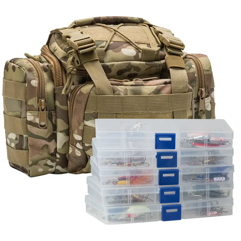 Camouflage fishing bag with tackle boxes.