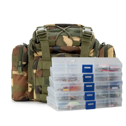 Camouflage fishing bag with tackle boxes.