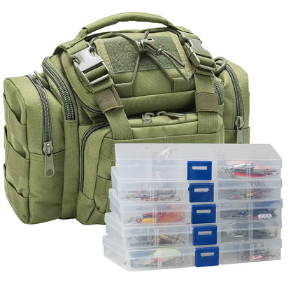 Olive green tactical bag with tackle boxes.