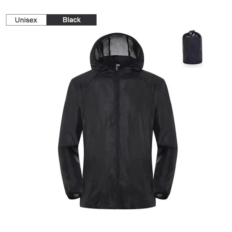 Black unisex rain jacket with hood and storage bag.