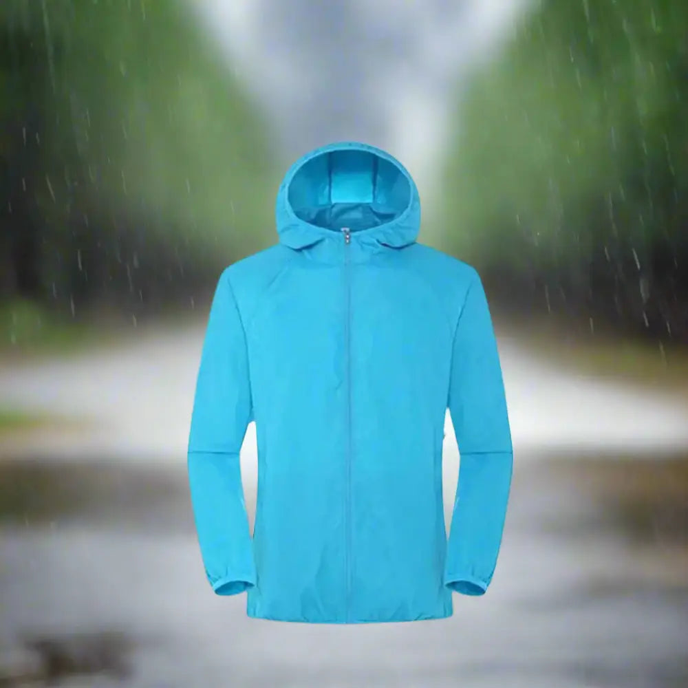 Blue hooded rain jacket.