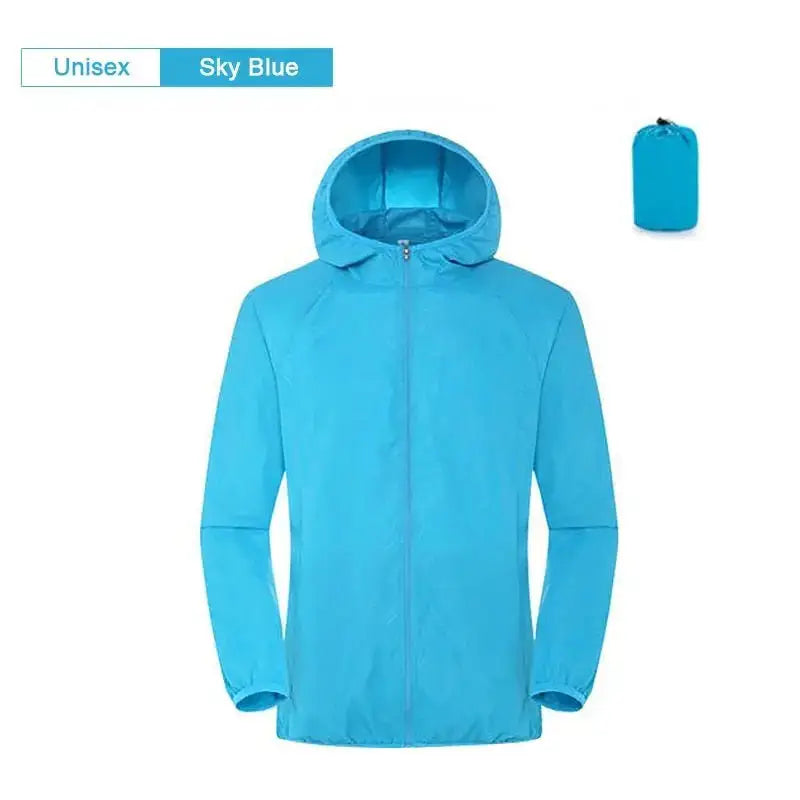 Sky blue unisex hooded jacket.