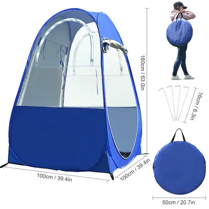 Blue pop-up privacy tent with dimensions and accessories.