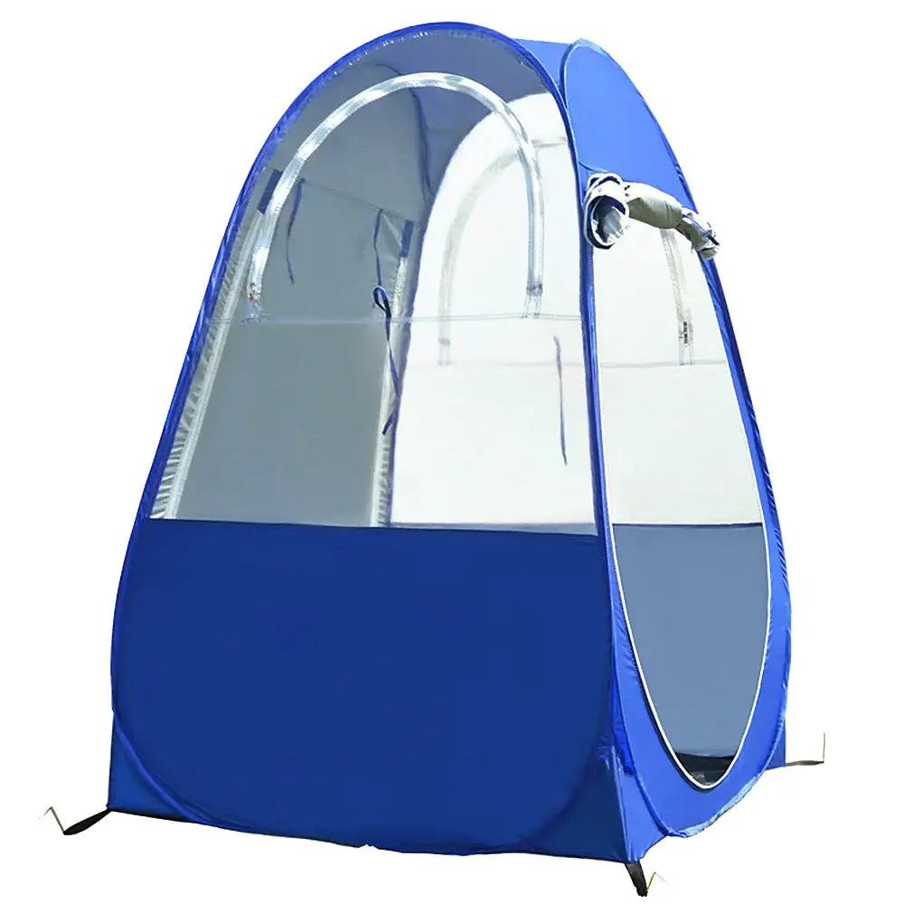 Blue pop-up shower tent.