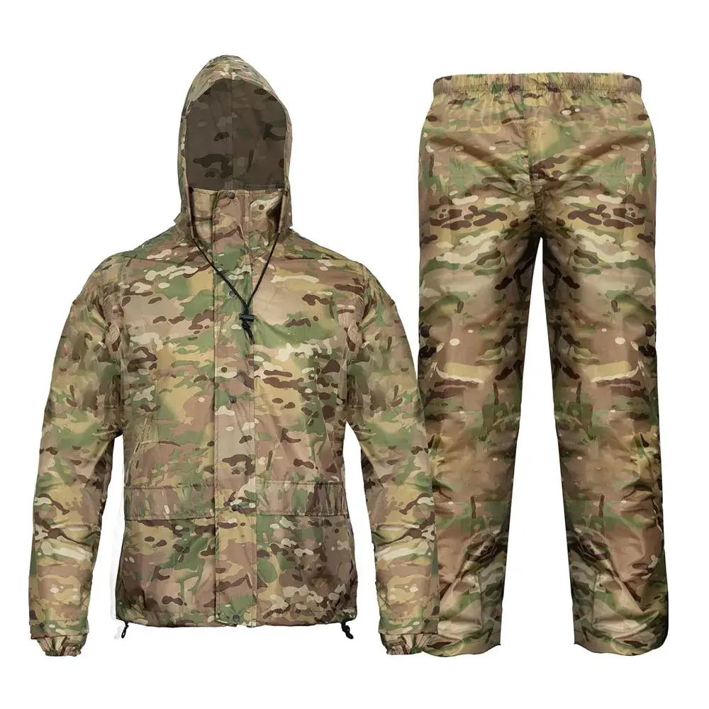 Camouflage rain suit.