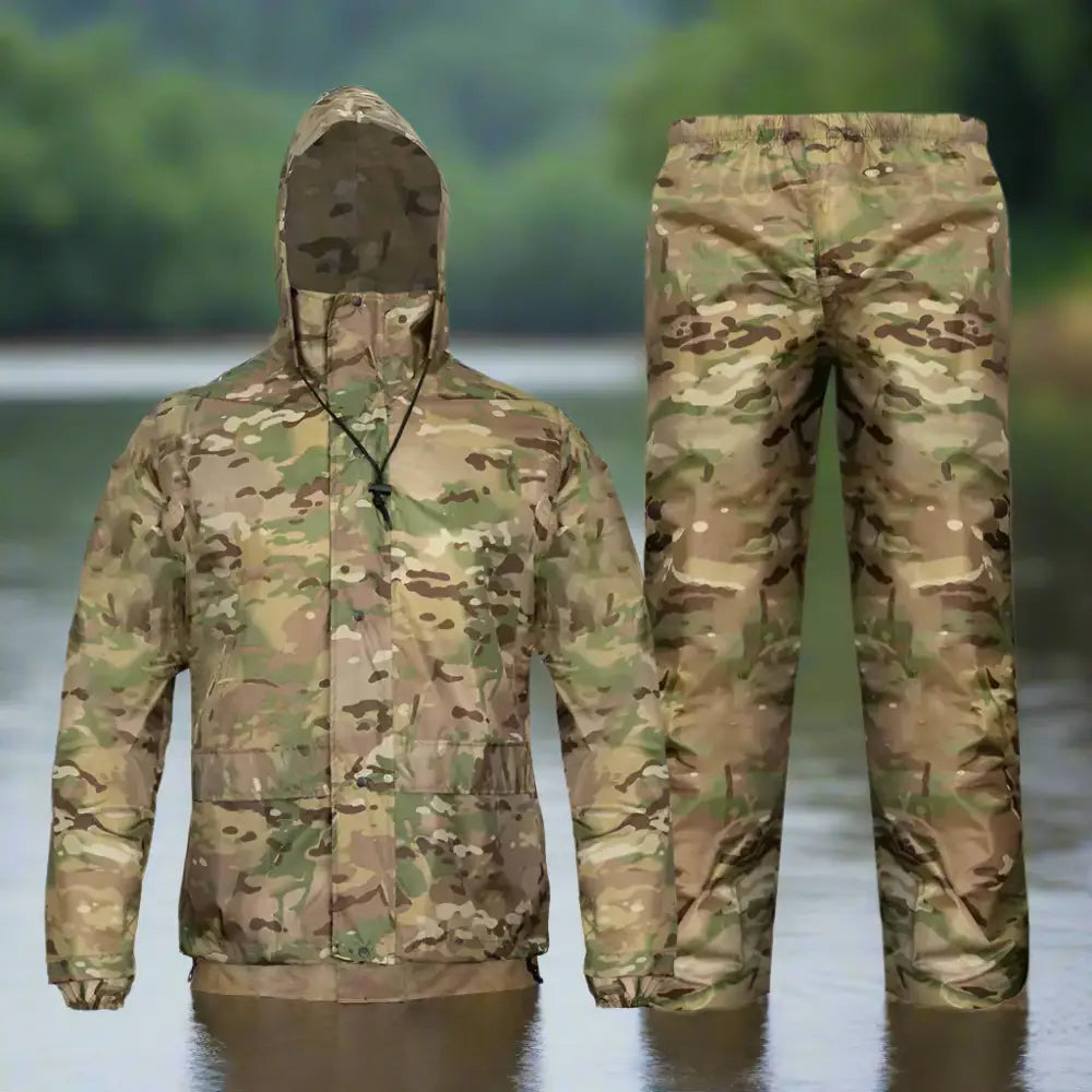 Camouflage rain suit.