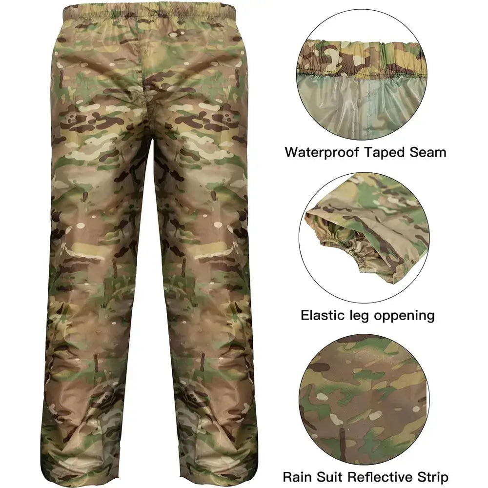 Camouflage waterproof rain pants.