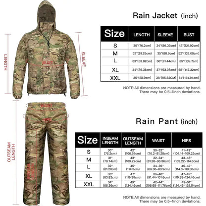 Camouflage rain suit size chart.