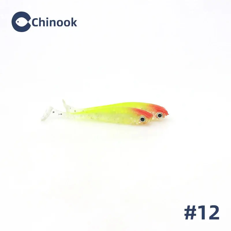 Two yellow and red soft plastic fishing lures.