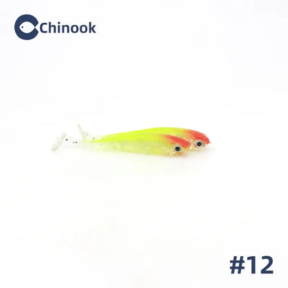 Two yellow and red soft plastic fishing lures.