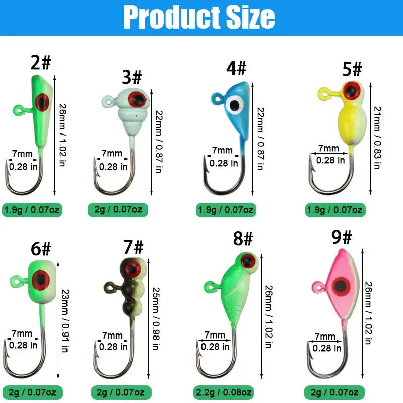 Colorful ice fishing jigs in various sizes with different colors and eye details for winter fishing