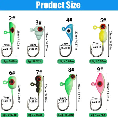 Colorful ice fishing jigs in various sizes with different colors and eye details for winter fishing