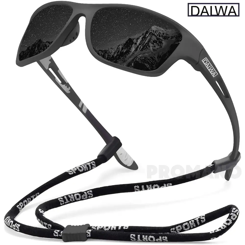 Gray Daiwa Polarized Sunglasses with a black sports lanyard for active lifestyles