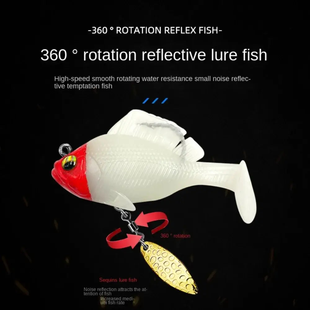 White and red fish lure with rotating gold spinner.