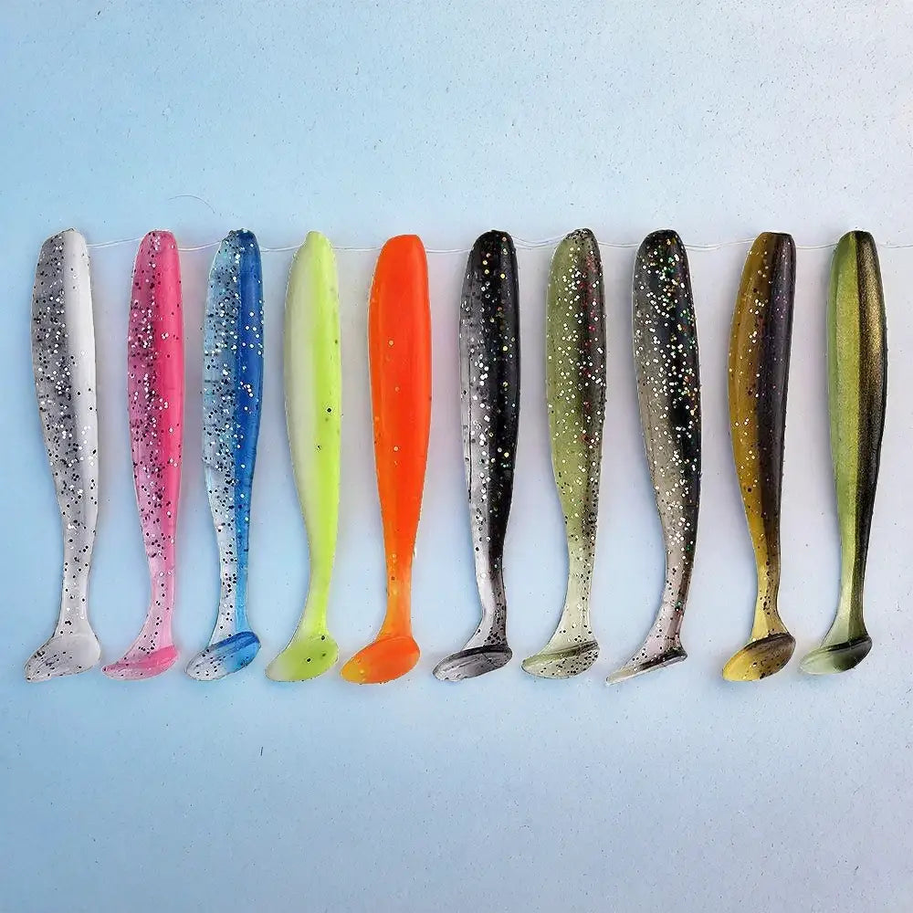 Colorful soft plastic fishing lures.