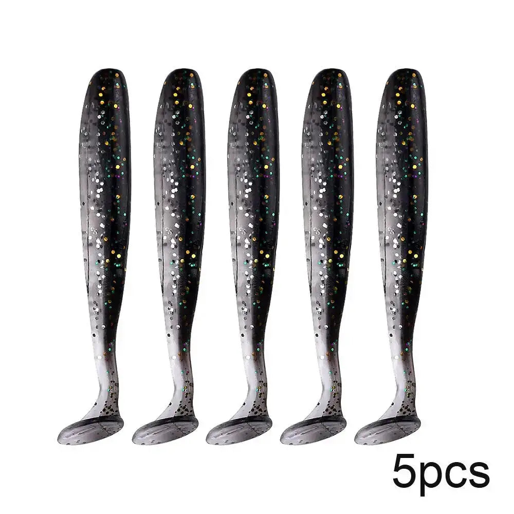 Five black and silver fishing lures.