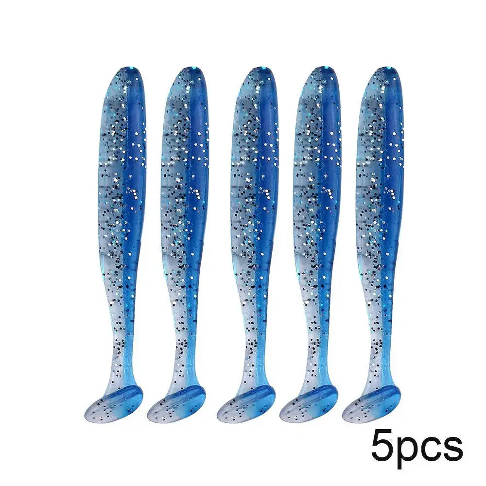 Five blue glittery fishing lures.