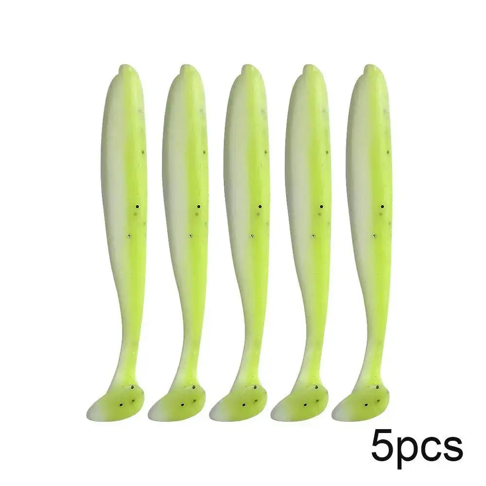 Five chartreuse paddle tail swimbaits.