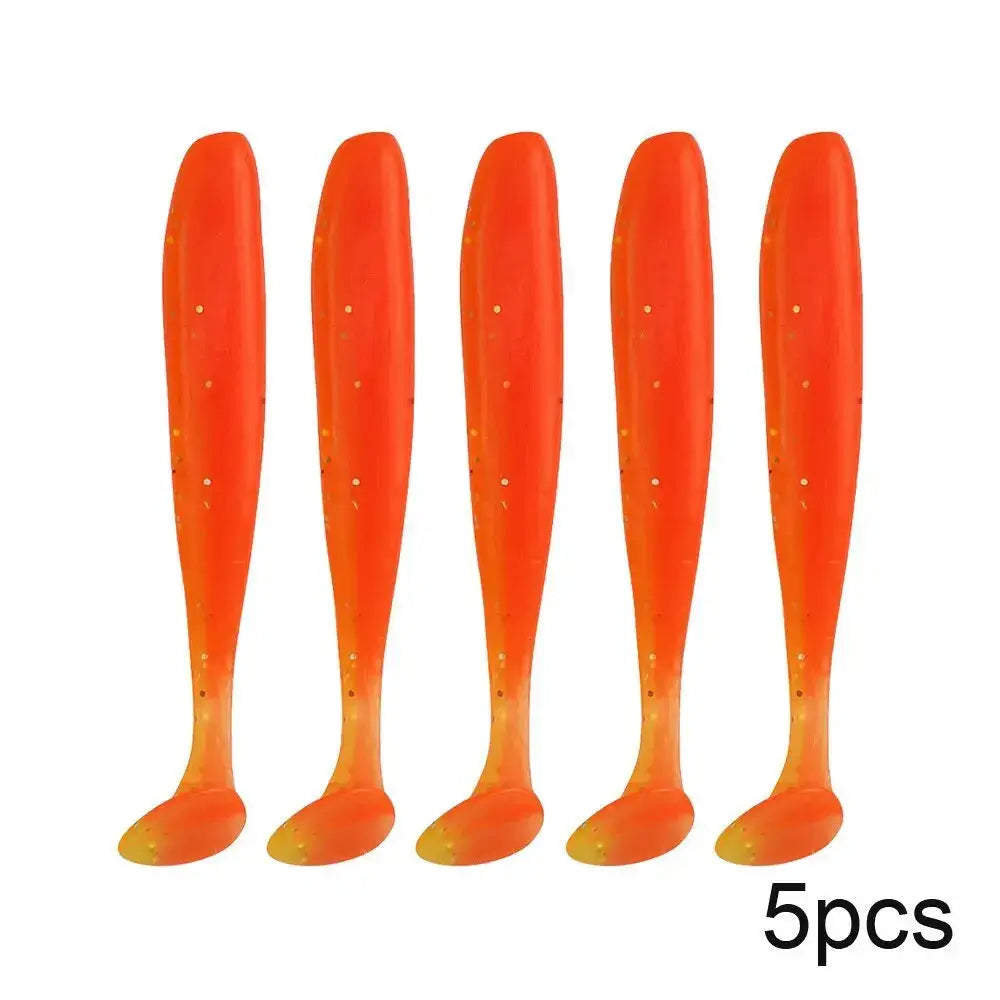 Five orange fishing lures.