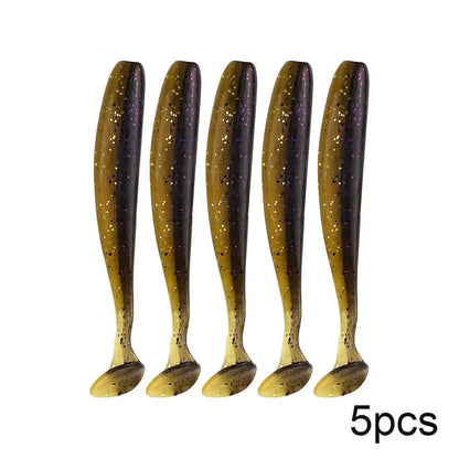 Five soft plastic fishing lures.