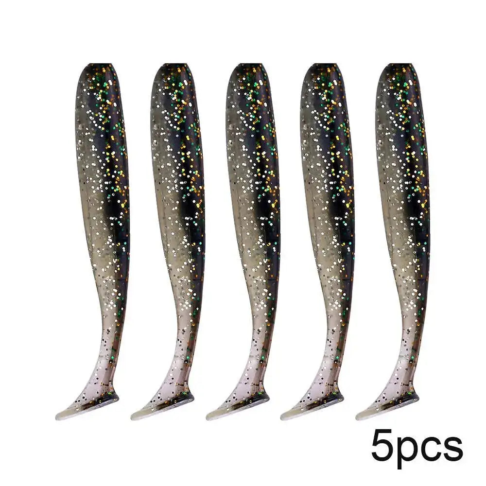 Five soft plastic fishing lures.