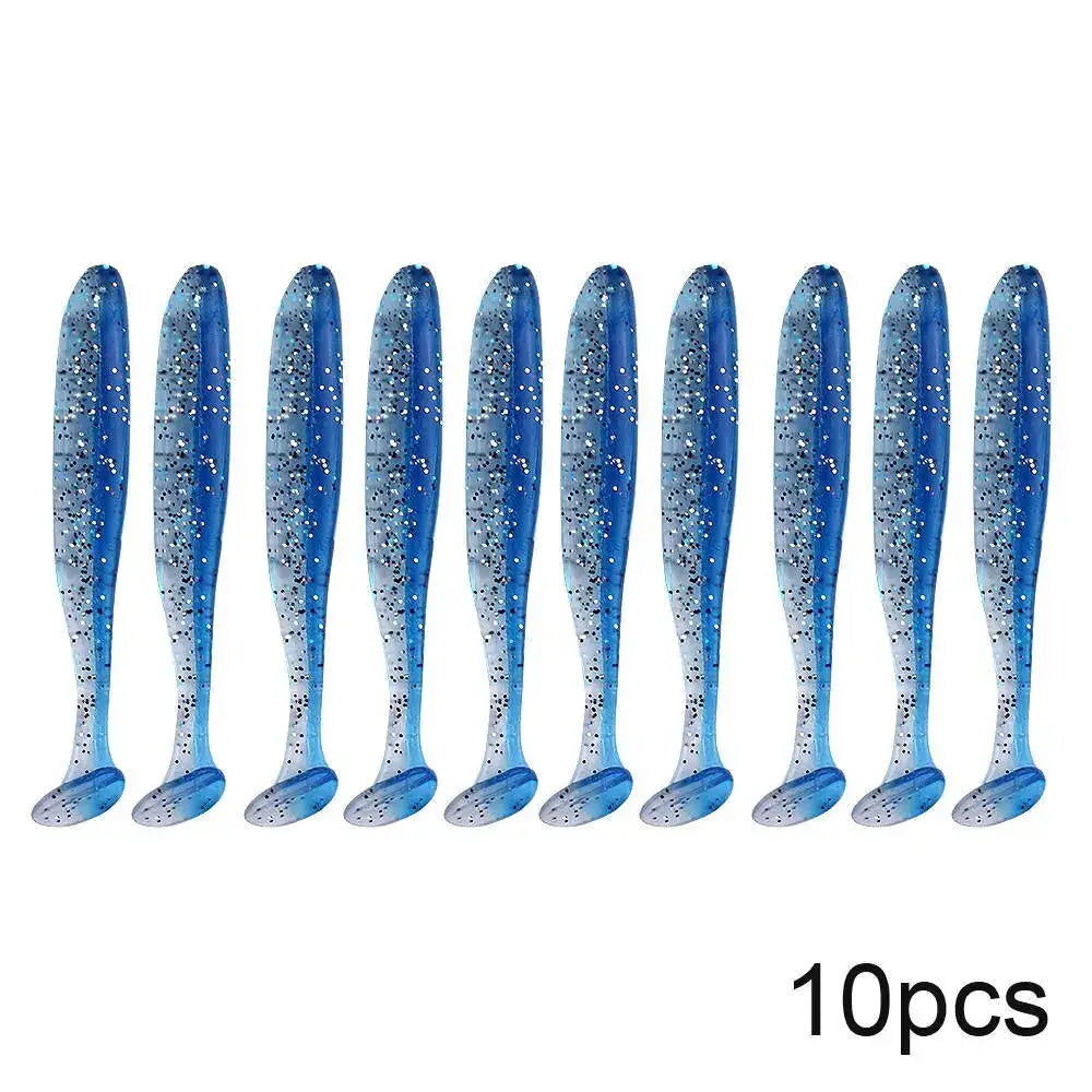 Ten blue glittery fishing lures.