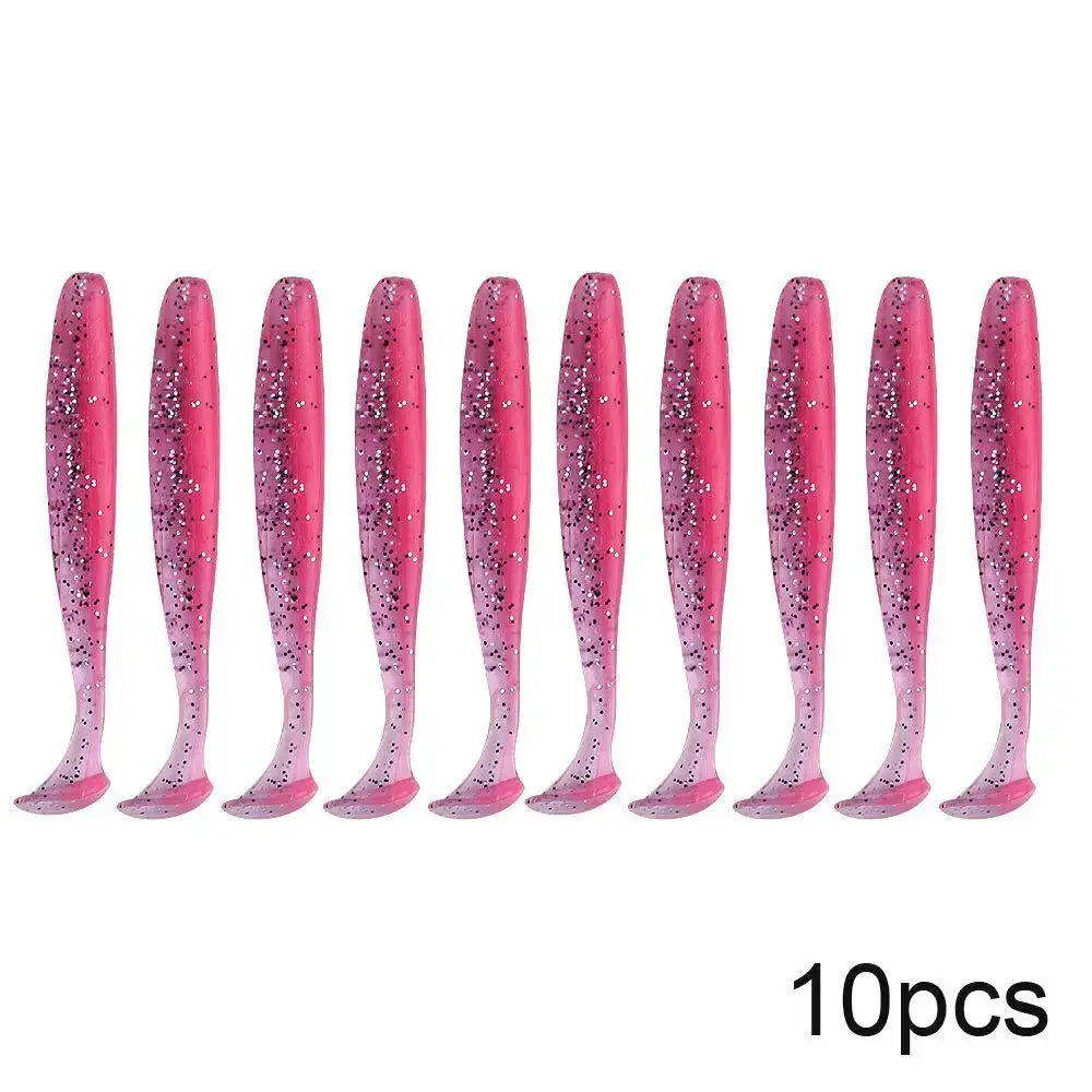 Ten pink glittery fishing lures.