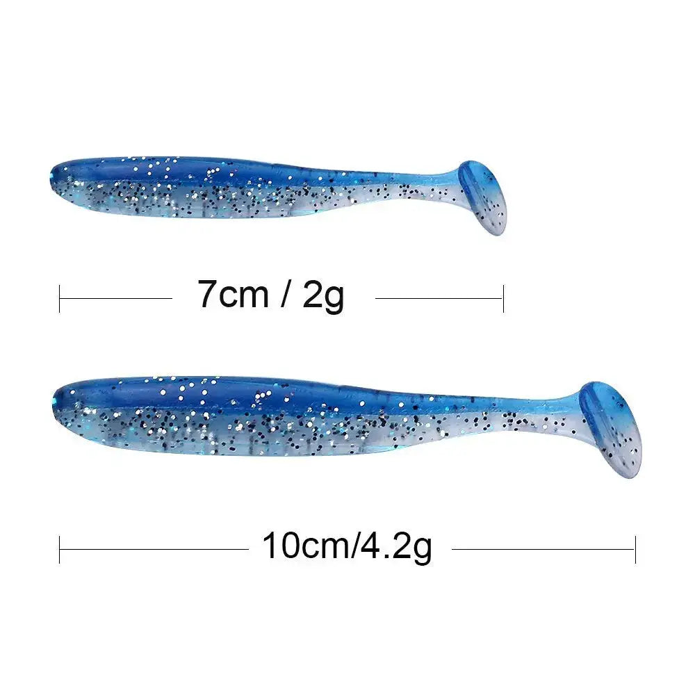 Two blue, glittery fishing lures.