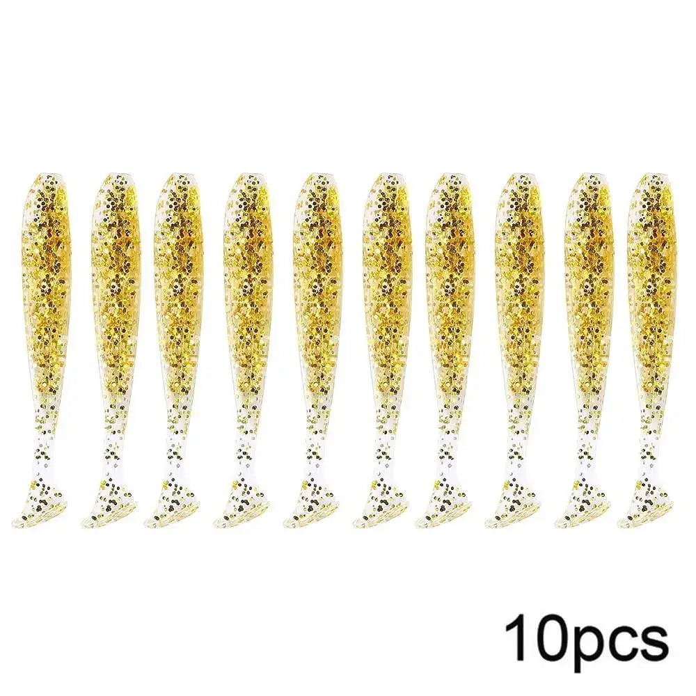 Ten gold glittery fishing lures.