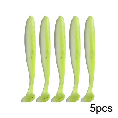 Five soft plastic fishing lures.