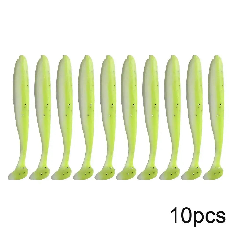 Ten chartreuse paddle tail fishing lures.